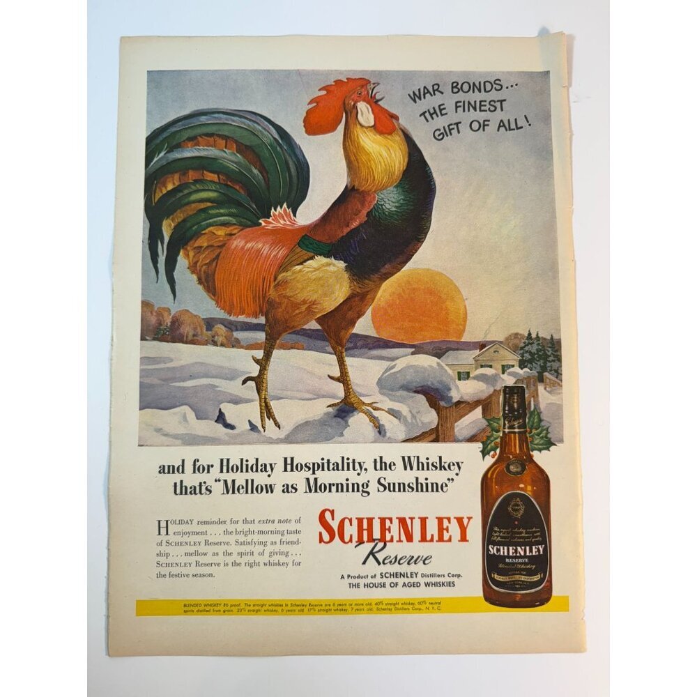 Vintage 1944 Schenley Reserve Whiskey Advertisement Print Rooster War Bonds